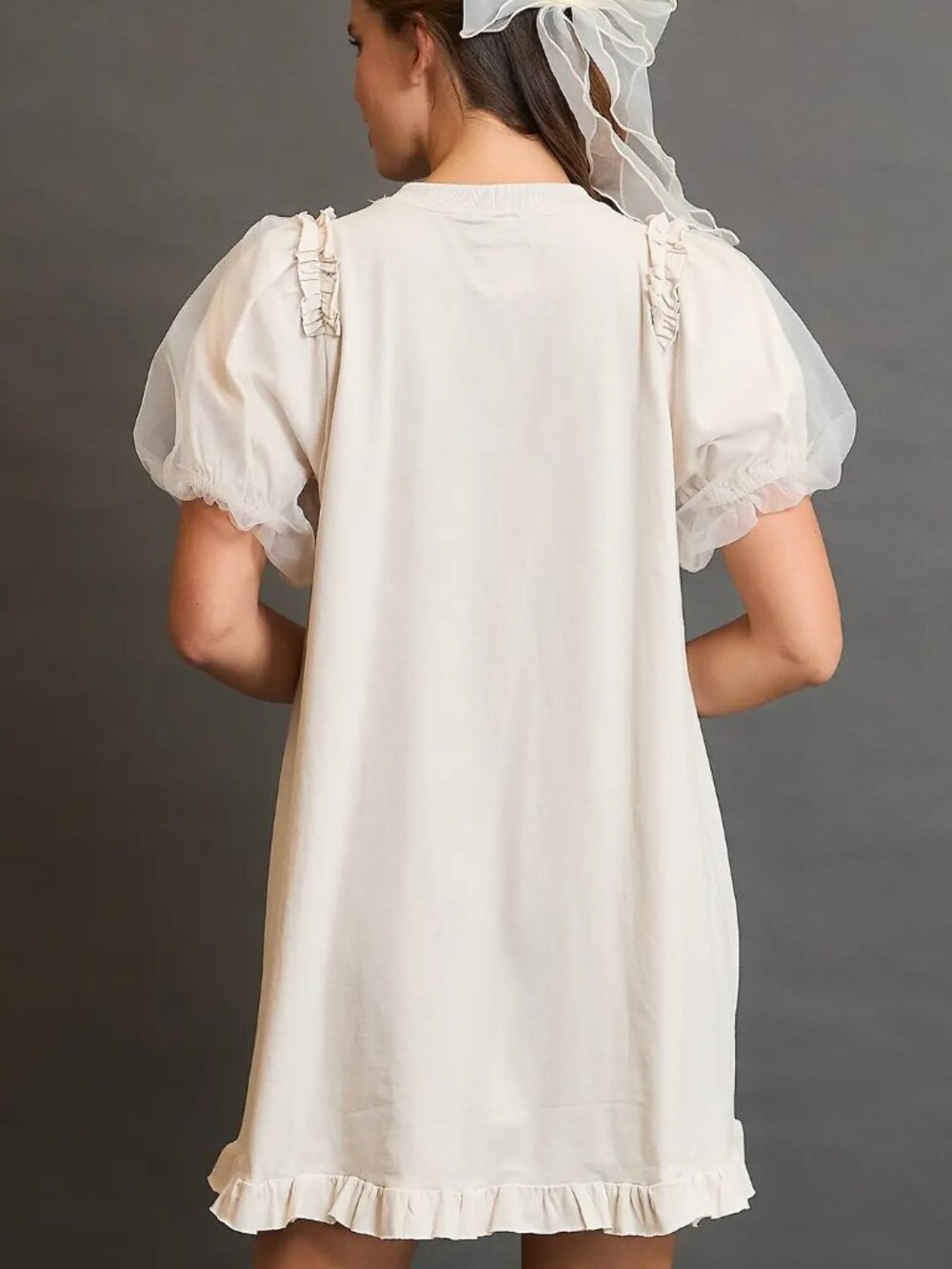 B26 Umgee Puff Sleeve Ruffle Hem Cotton Dress Cream NEW - Picture 3 of 4